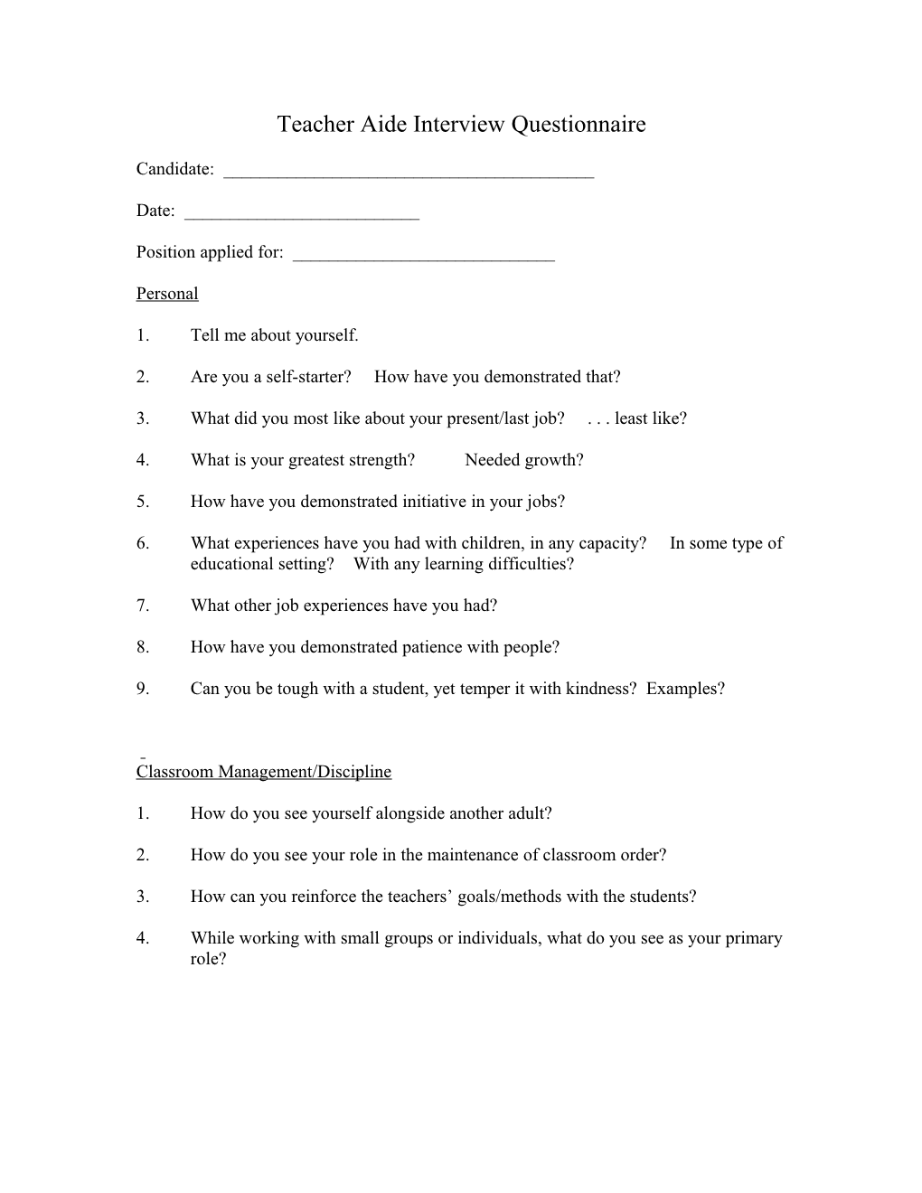 Teacher Aide Interview Questionnaire
