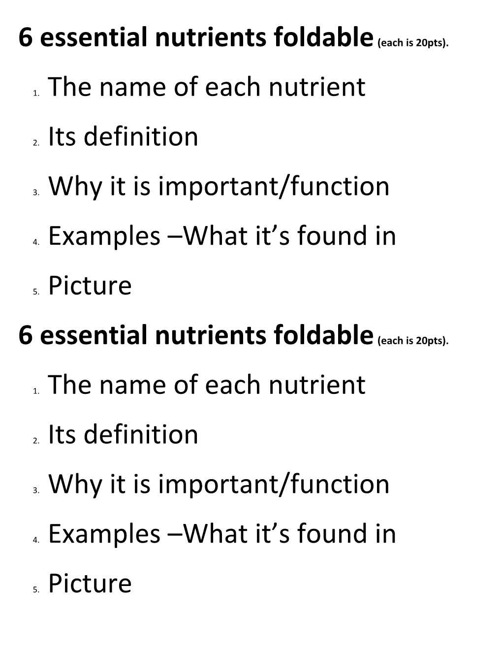 6 Essential Nutrients Foldable (Each Is 20Pts)