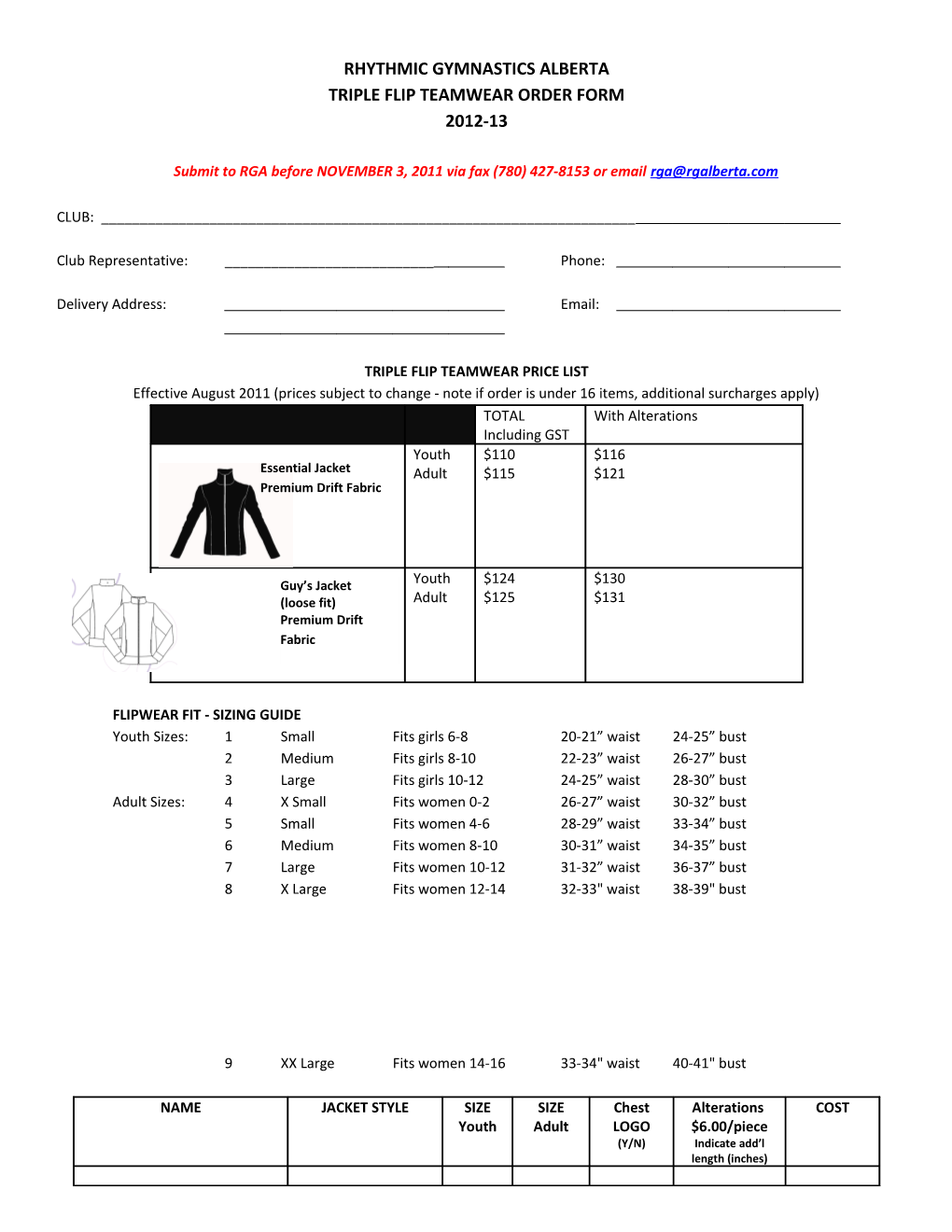 Track Suit Order Form & Information