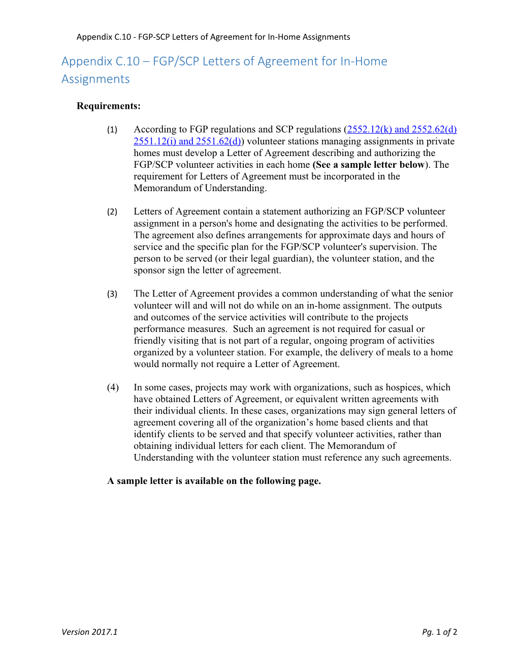 Appendix C.10 - FGP-SCP Letters of Agreement for In-Home Assignments