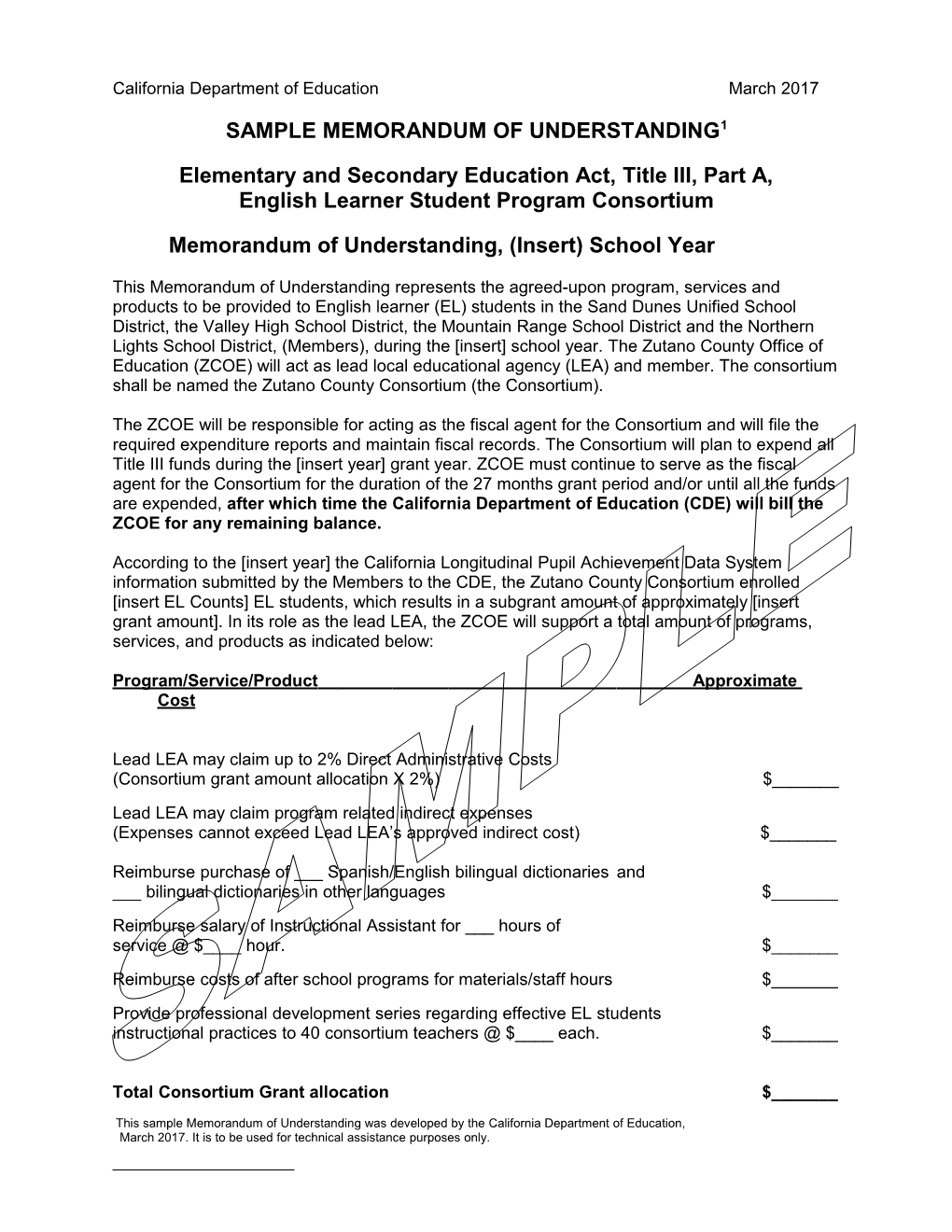 Sample MOU - Title III LEP (CA Dept of Education)