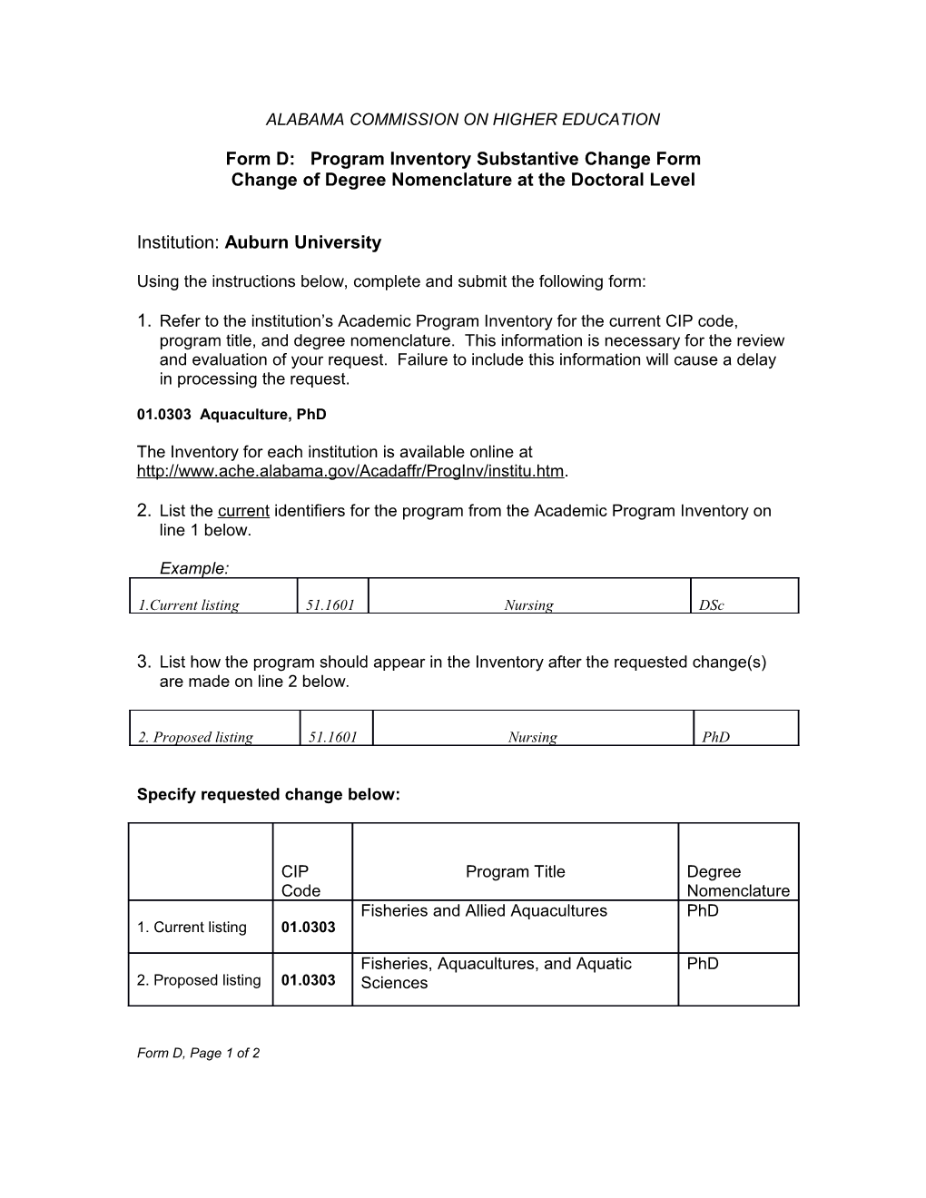 Form D: Program Inventory Substantive Change Form