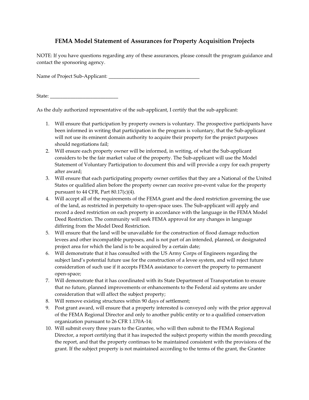 FEMA Model Statement of Assurances for Property Acquisition Projects