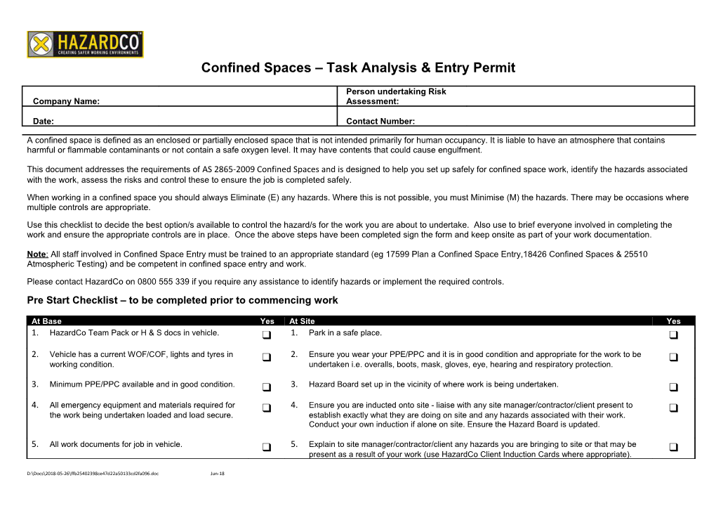 Confined Spaces Task Analysis & Entry Permit