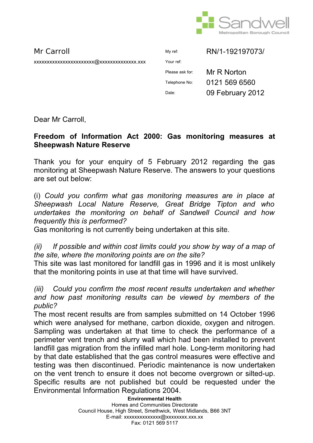 Freedom of Information Act 2000: Gas Monitoring Measures at Sheepwash Nature Reserve