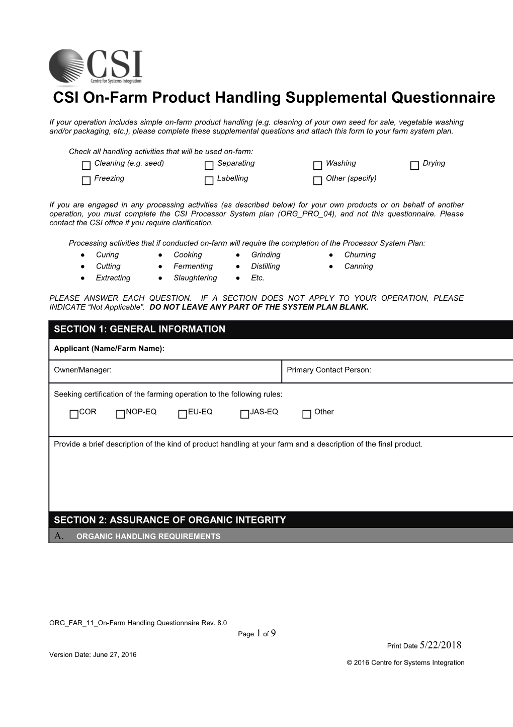 CSI On-Farm Product Handling Supplemental Questionnaire