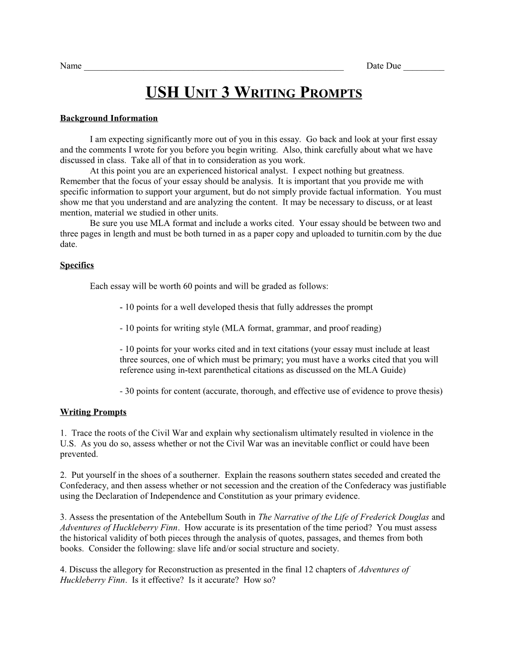 USH Unit 3 Writing Prompts