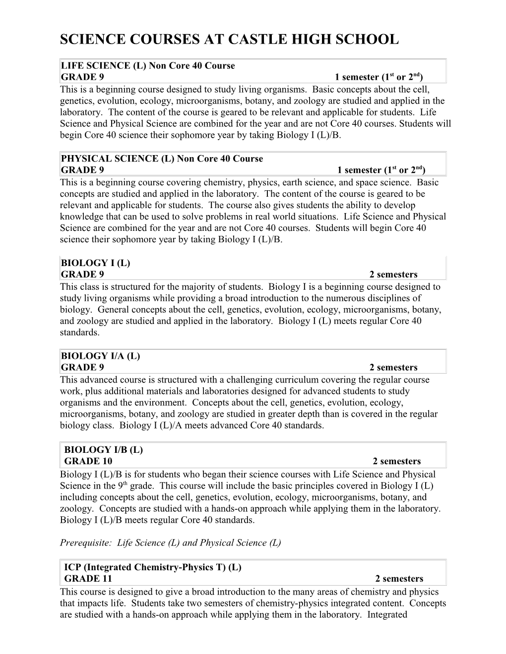 Science Course Descriptions