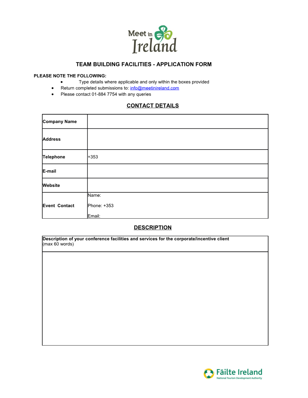 Team Building Facilities - APPLICATION Form