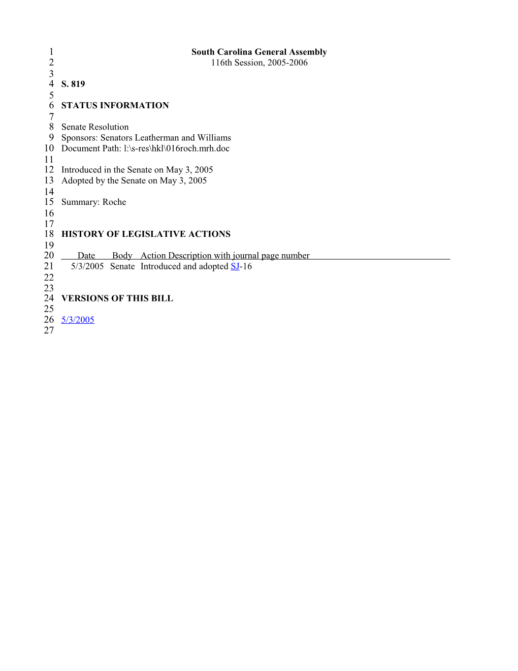 2005-2006 Bill 819: Roche - South Carolina Legislature Online