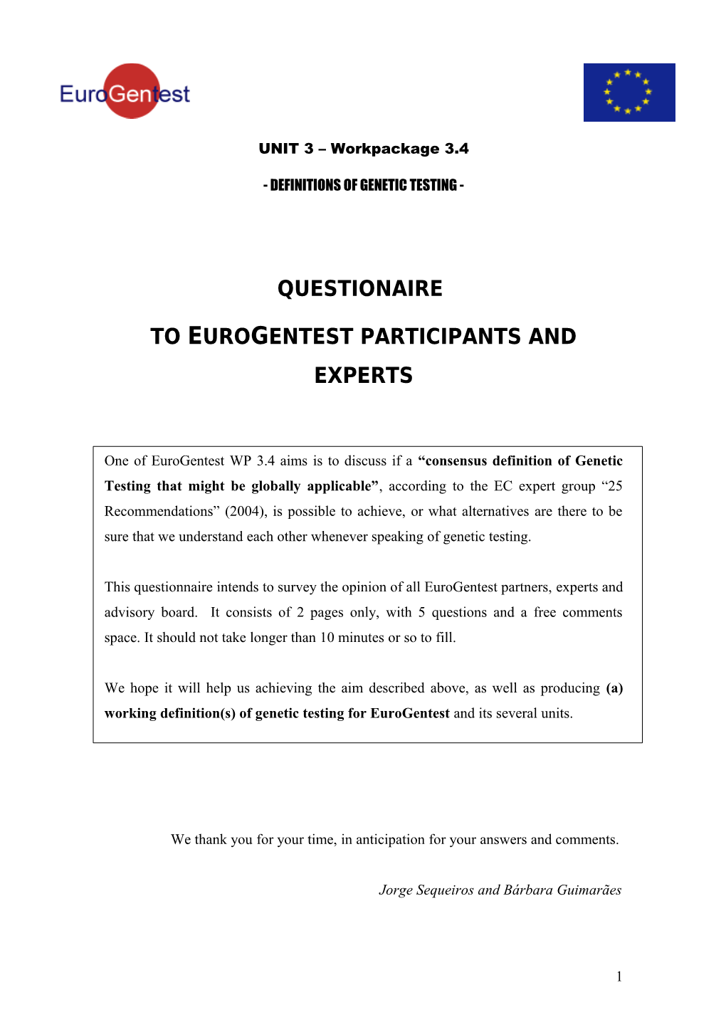 To Eurogentest Participants and Experts