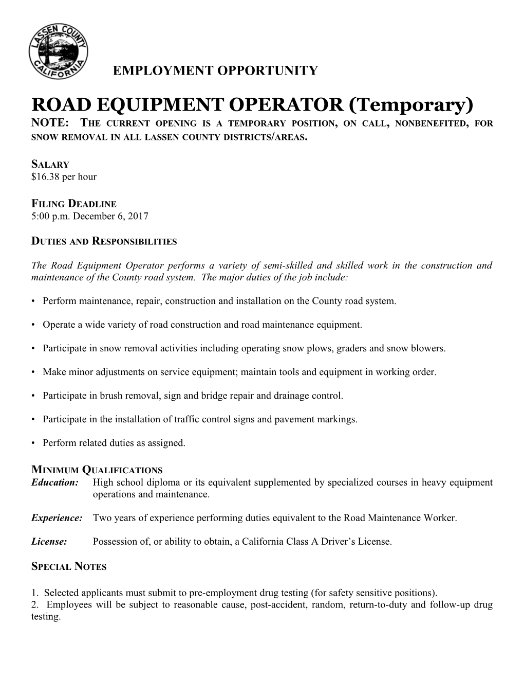 ROAD EQUIPMENT OPERATOR (Temporary)