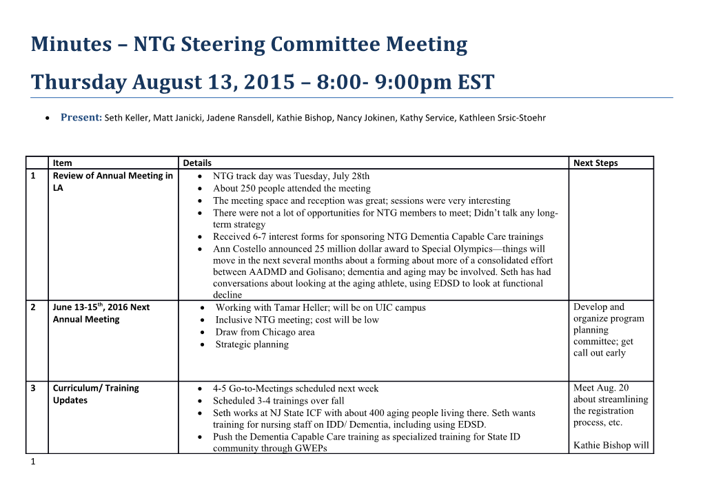 Minutes NTG Steering Committee Meeting