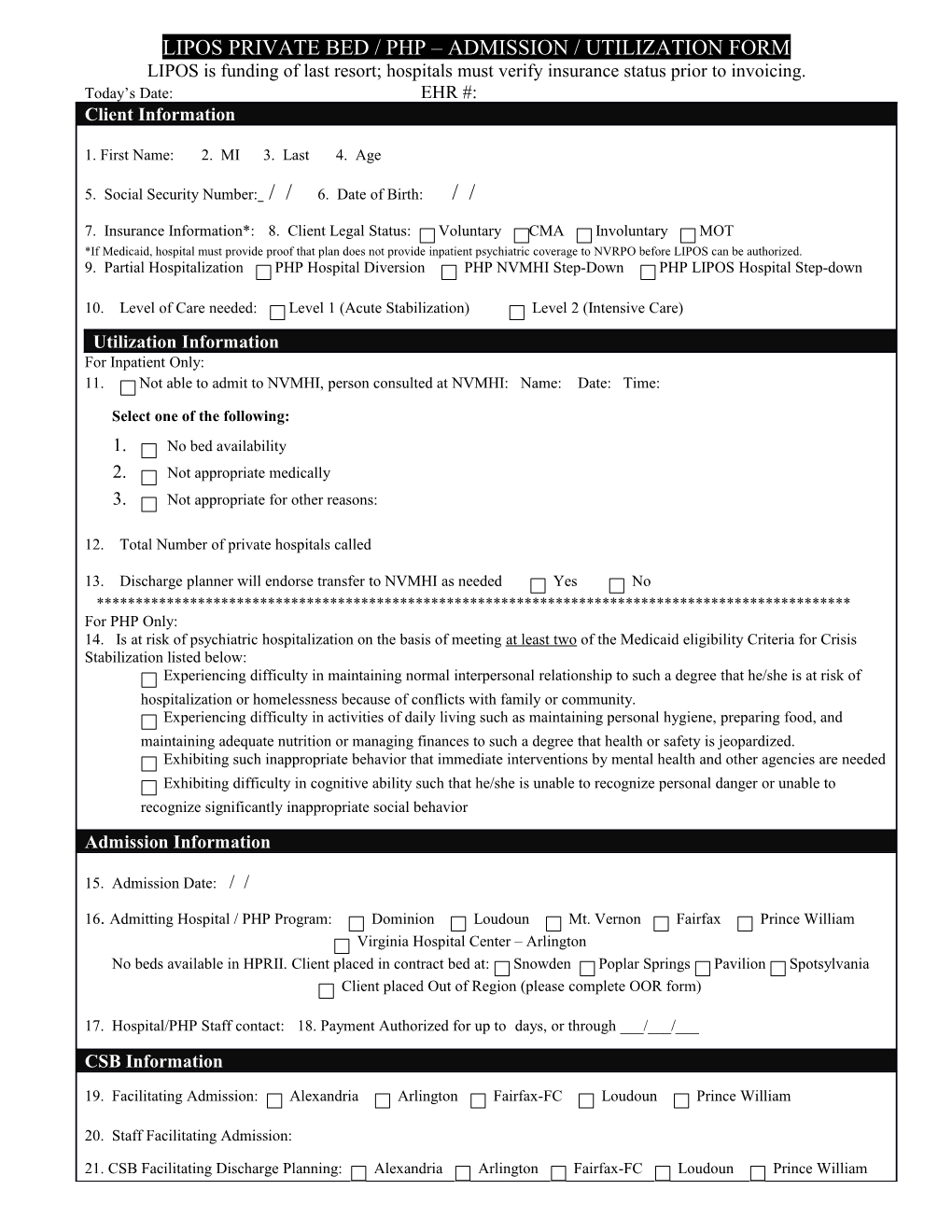 Lipos Private Bed Admission Form