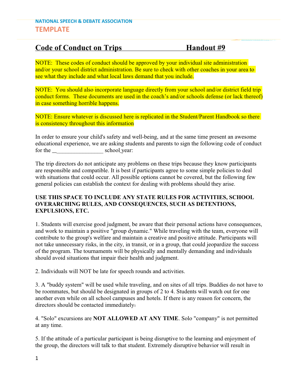 Code of Conduct on Trips Handout #9