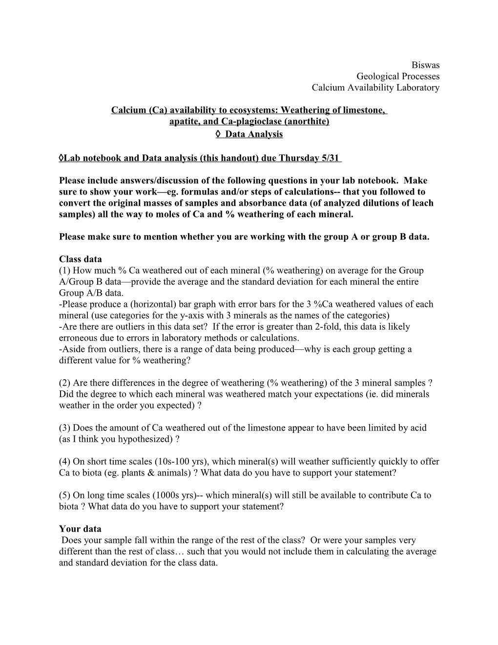 Calcium (Ca) Availability to Ecosystems: Weathering of Limestone