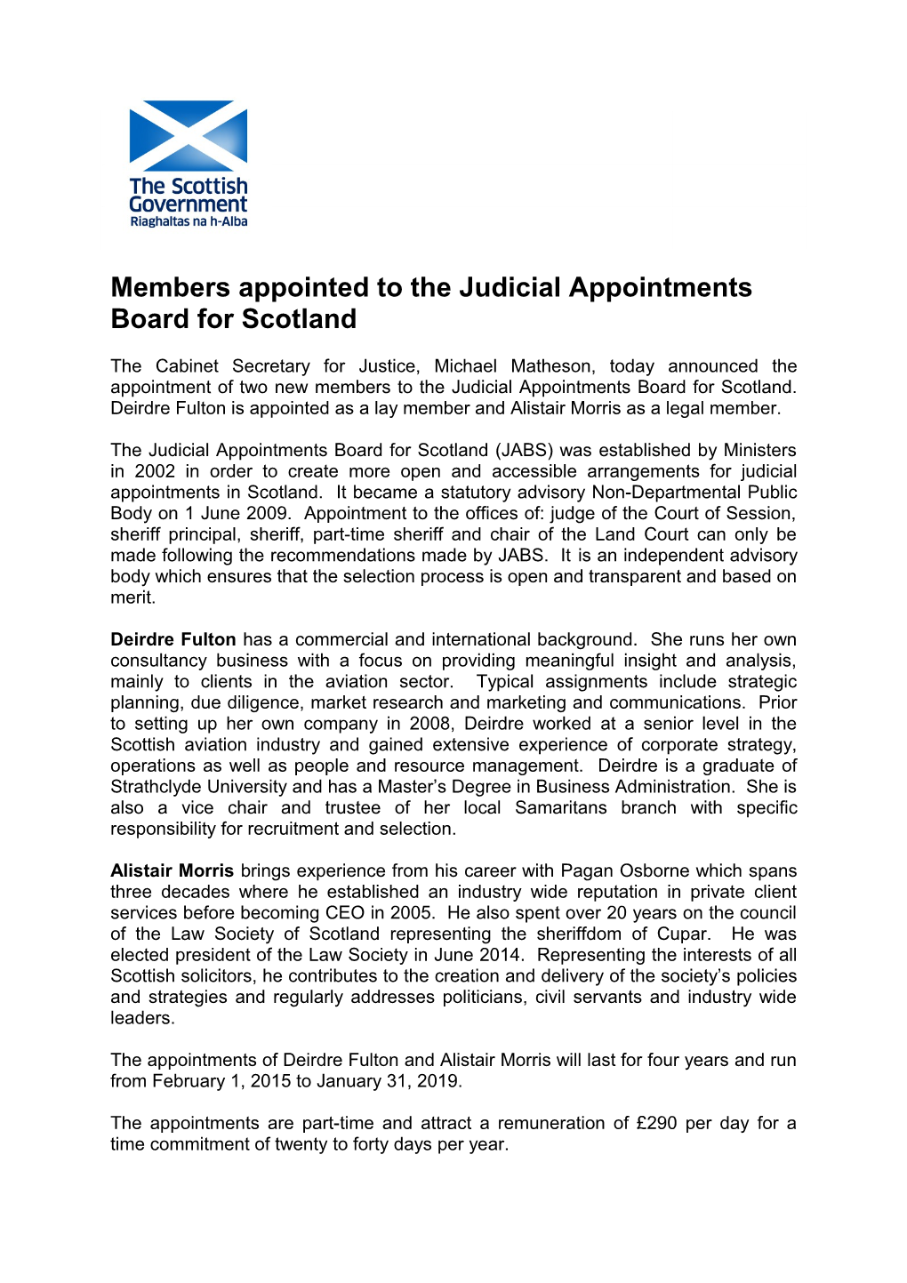 Members Appointed to the Judicial Appointments Board for Scotland