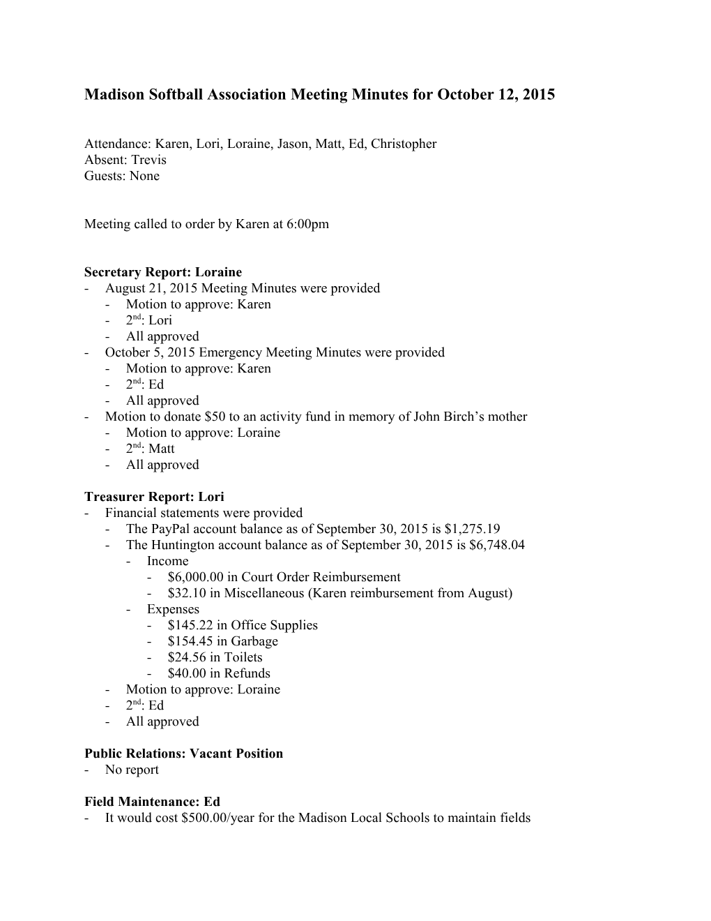 Madison Softball Association Meeting Minutes for February 24, 2014