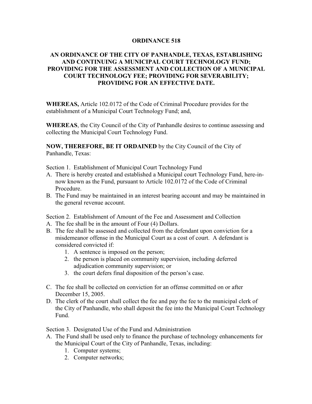 An Ordinance of the City of Panhandle, Texas, Establishing and Continuing a Municipal