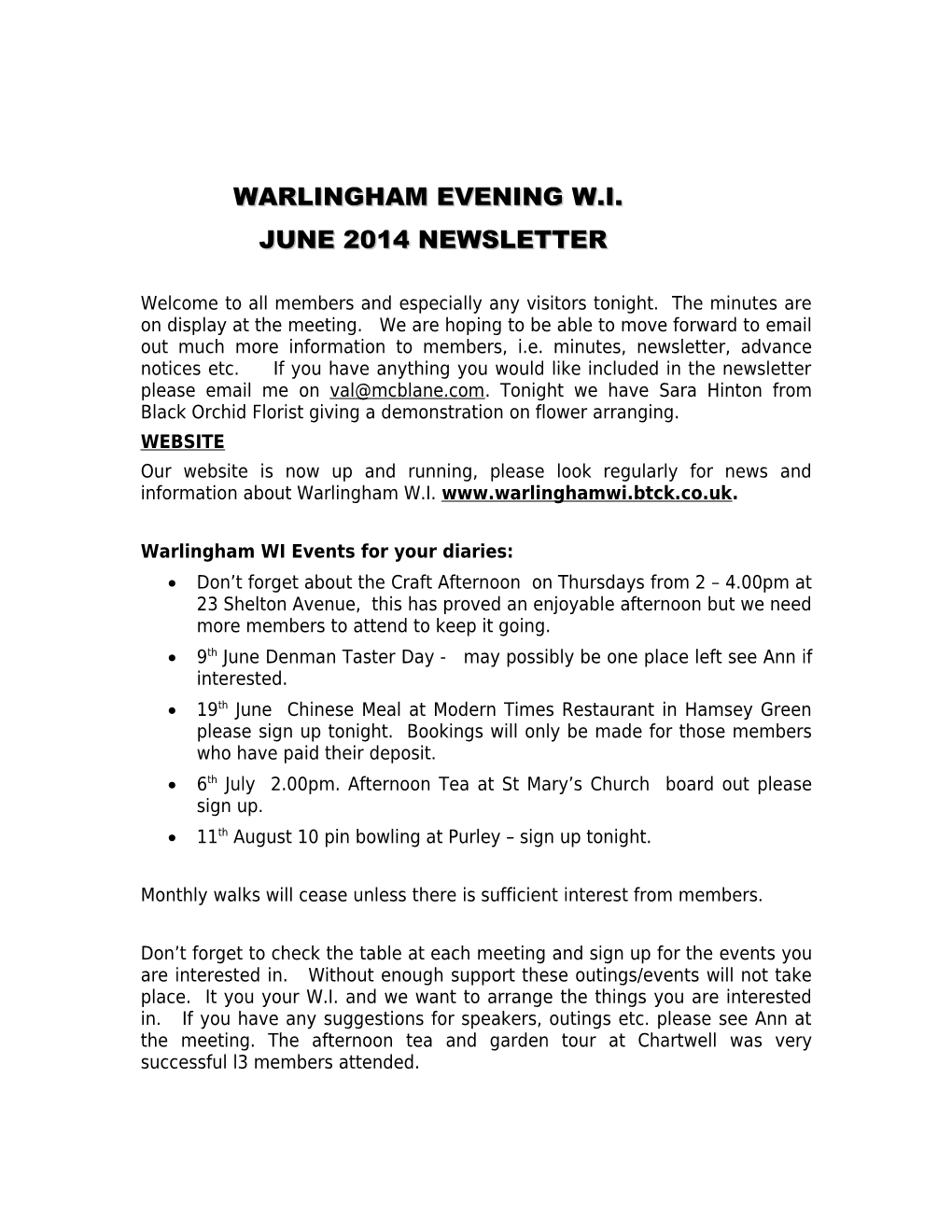 Warlingham WI Events for Your Diaries