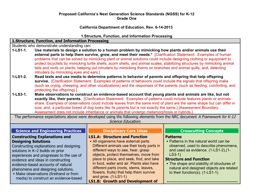 Proposed Grade 1 Standards - NGSS (CA Dept of Education)