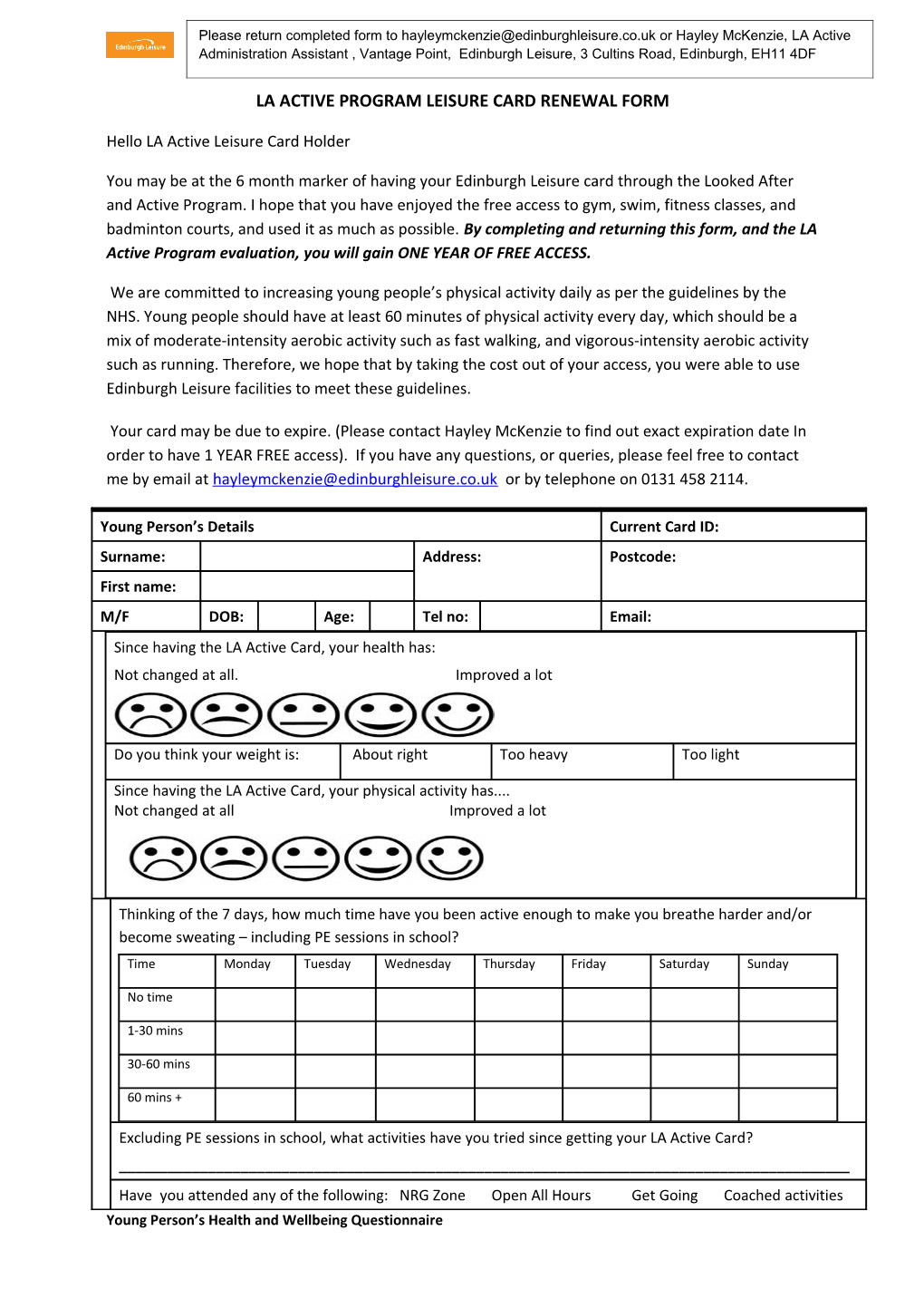 La Active Program Leisure Card Renewal Form