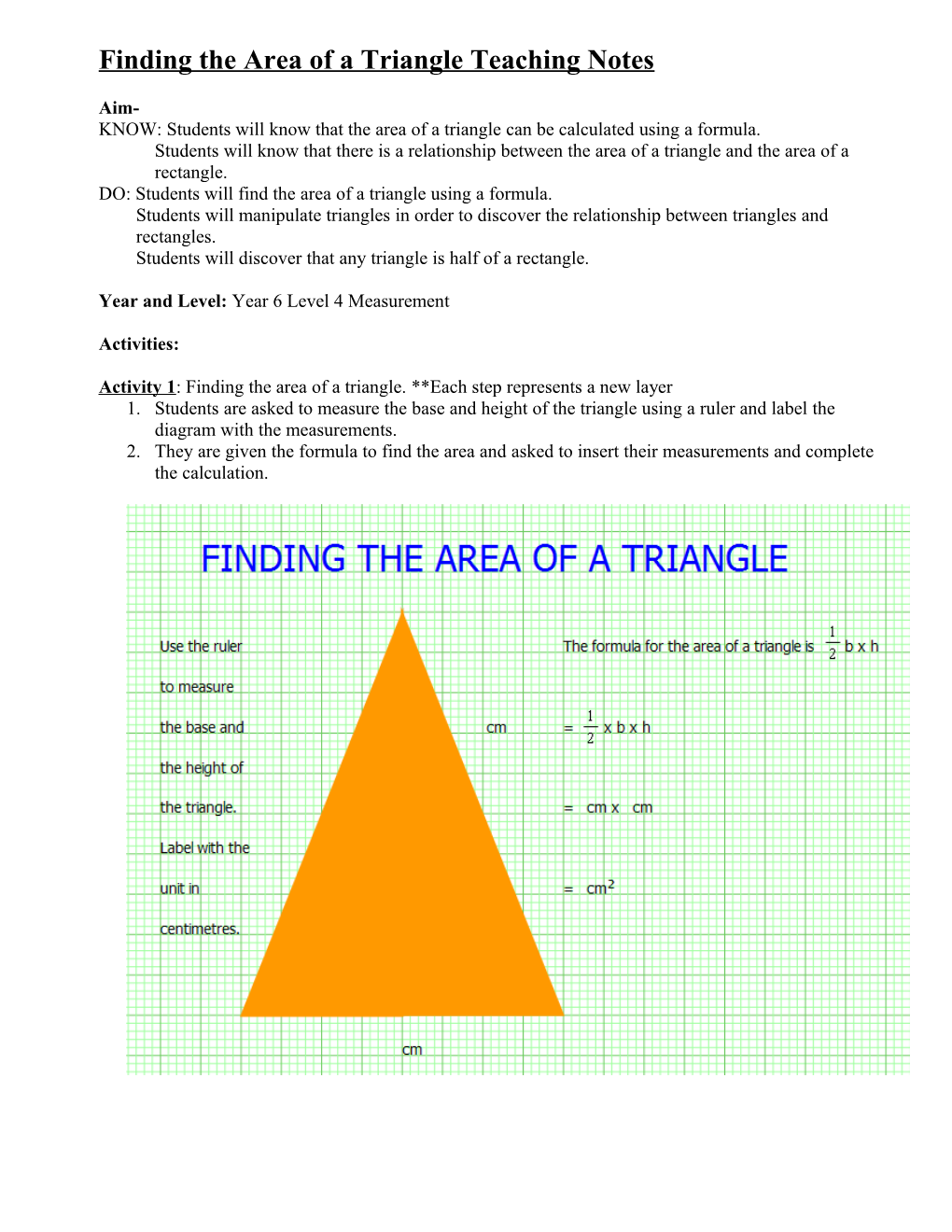 Finding the Area of a Triangle Teaching Notes