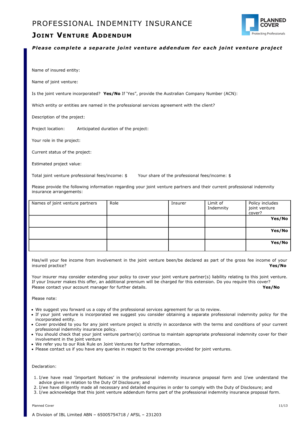 Please Complete a Separate Joint Venture Addendum for Each Joint Venture Project