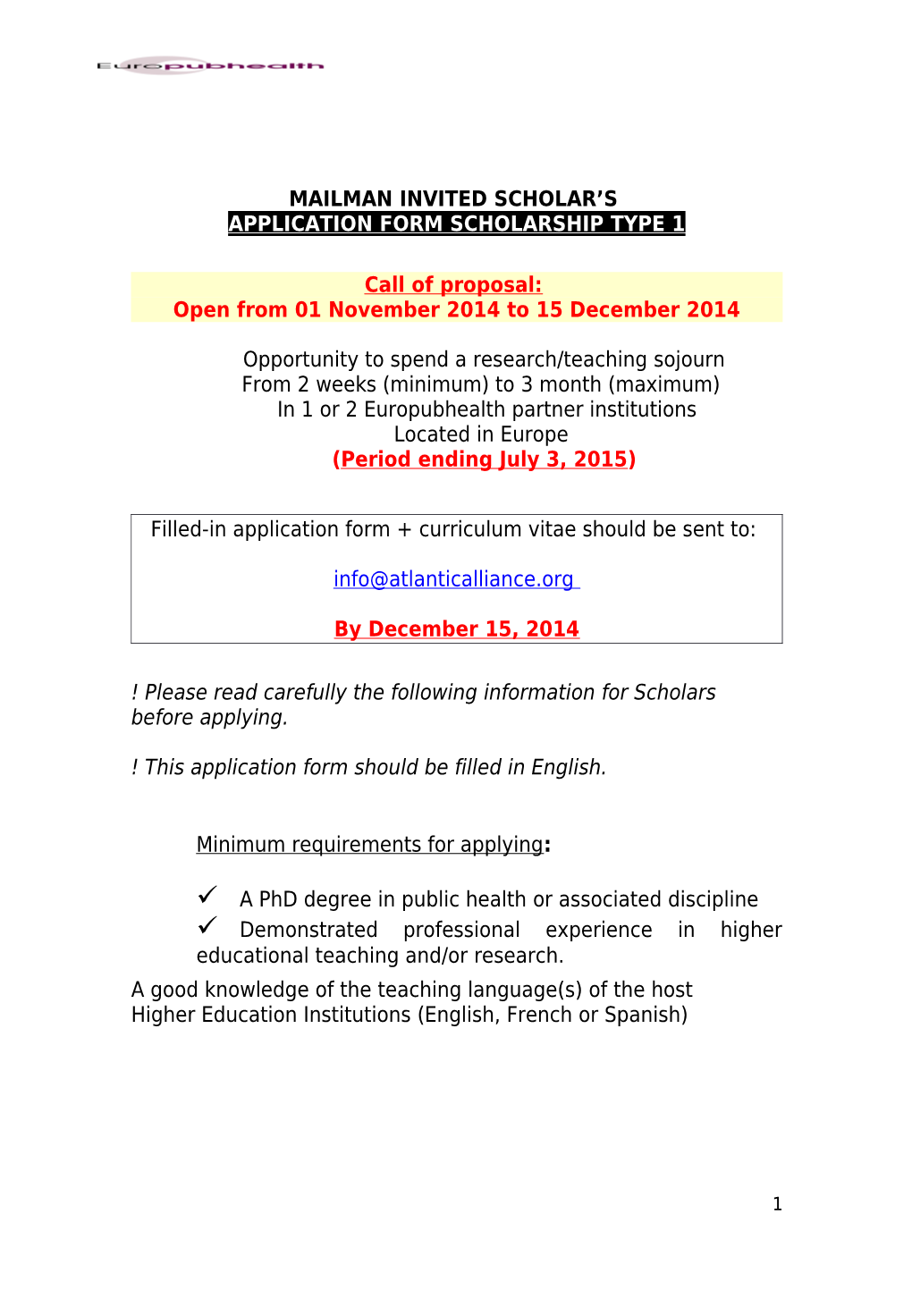 Application Form Scholarship Type 1