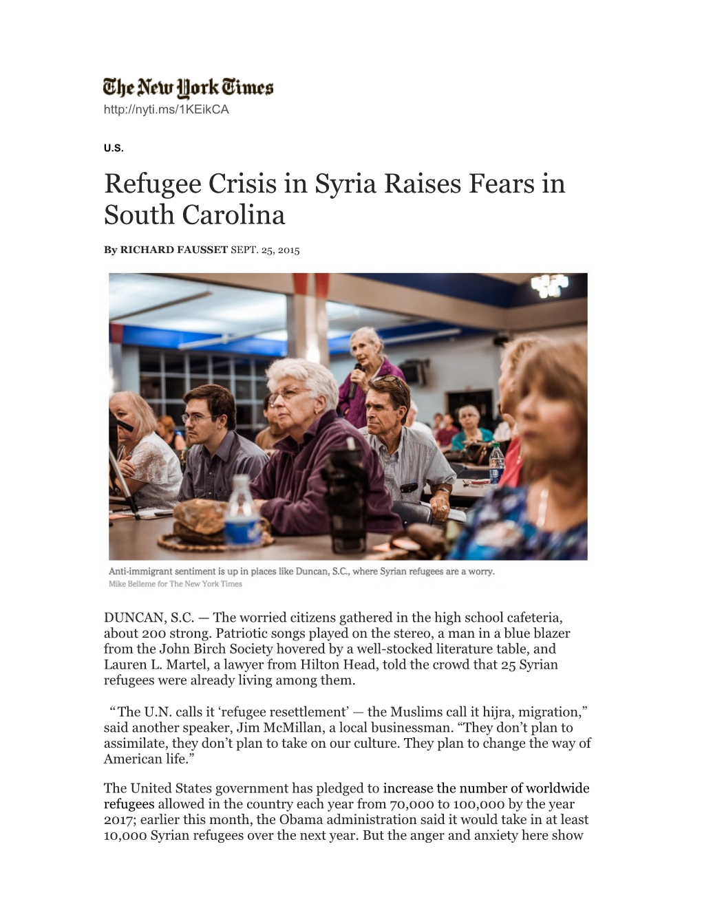 Refugee Crisis in Syria Raises Fears in South Carolina