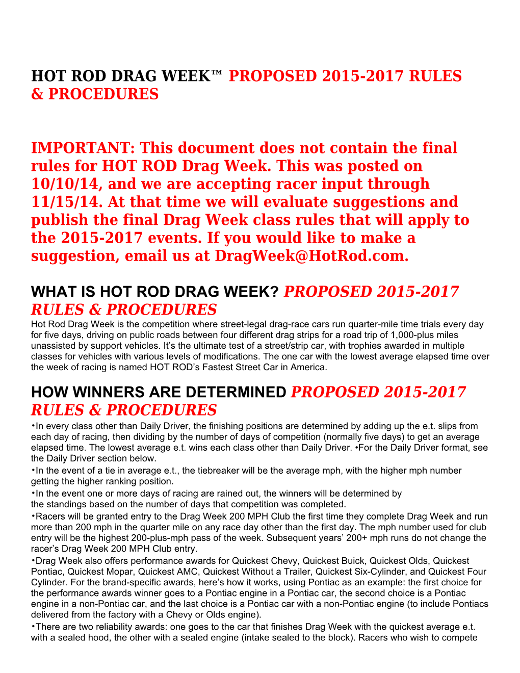 Hot Rod Drag Week Proposed 2015-2017 Rules & Procedures