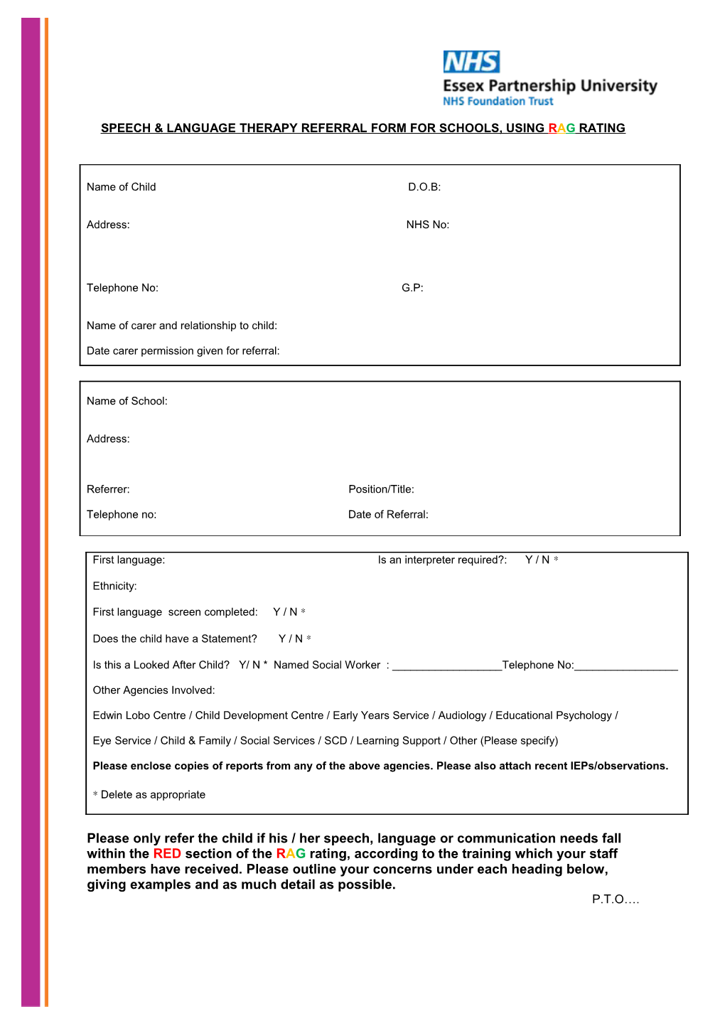 Schools Referral Form to Speech & Language Therapy
