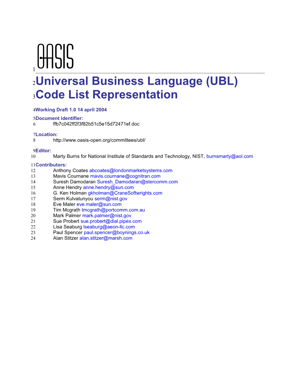 Universal Business Language (UBL) Code List Representation