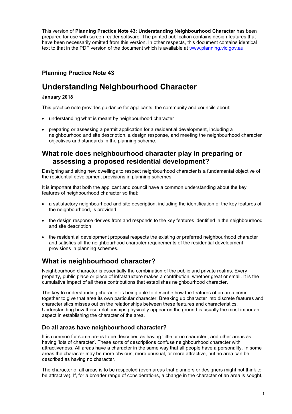 Planning Practice Note 43: Understanding Neighbourhood Character