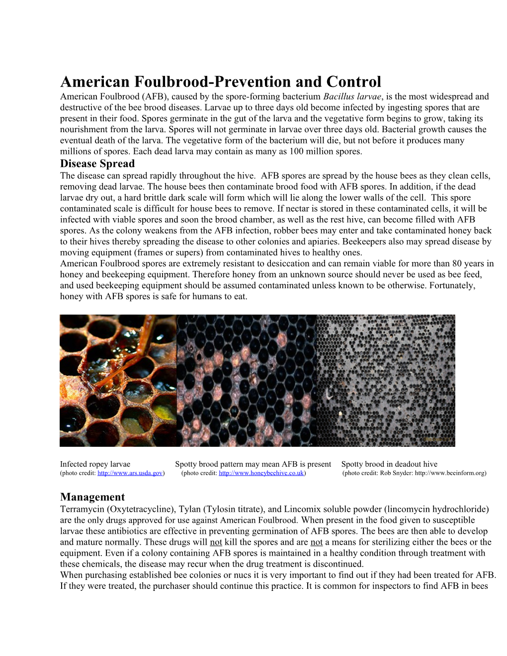 American Foulbrood-Prevention and Control