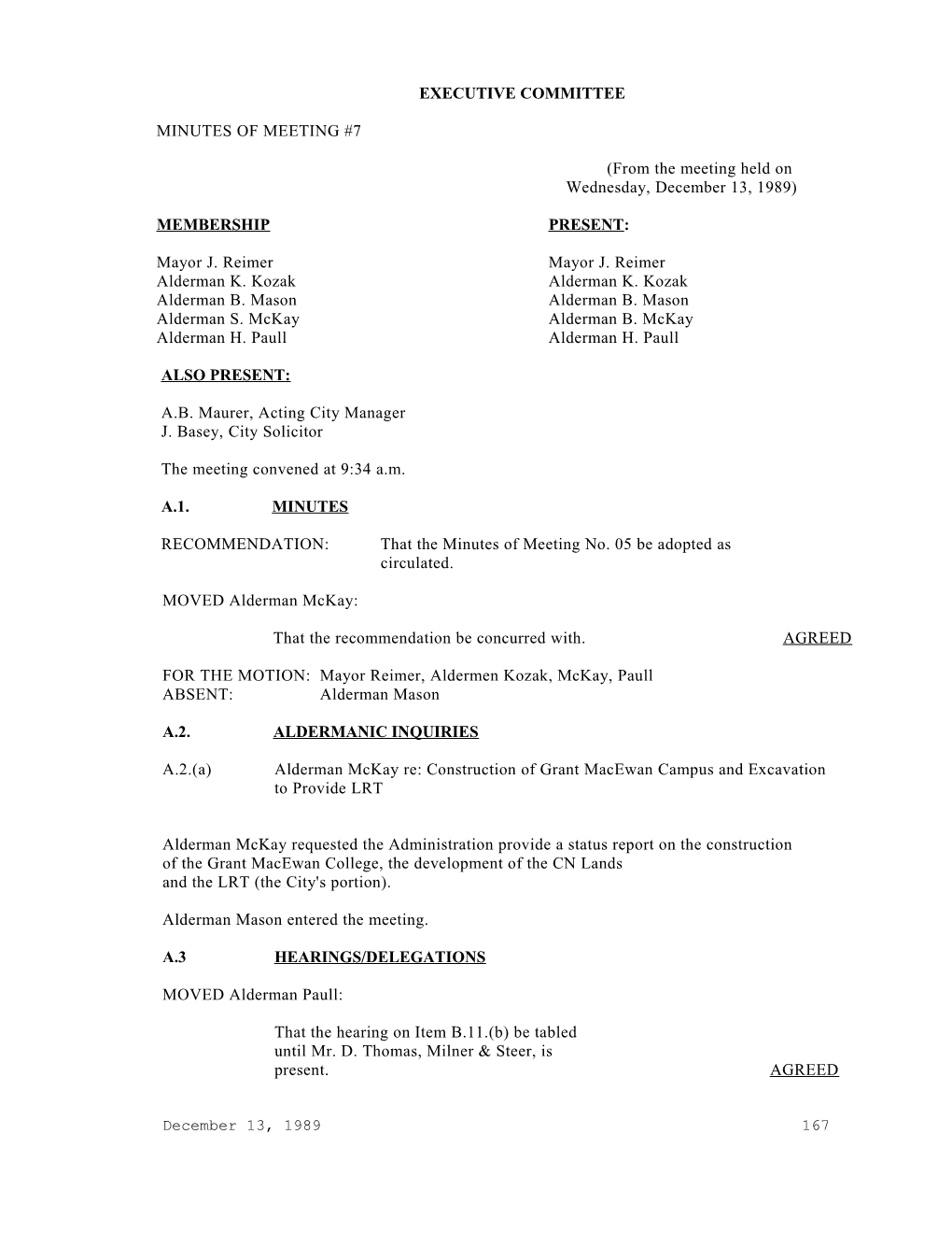 Minutes for Executive Committee December 13, 1989 Meeting