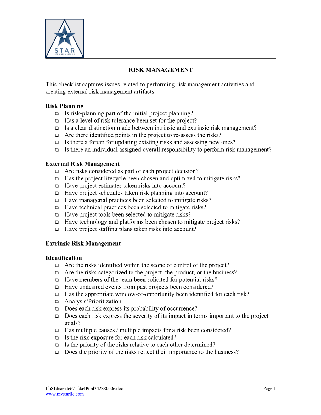 STAR, LLC Risk Management Checklist