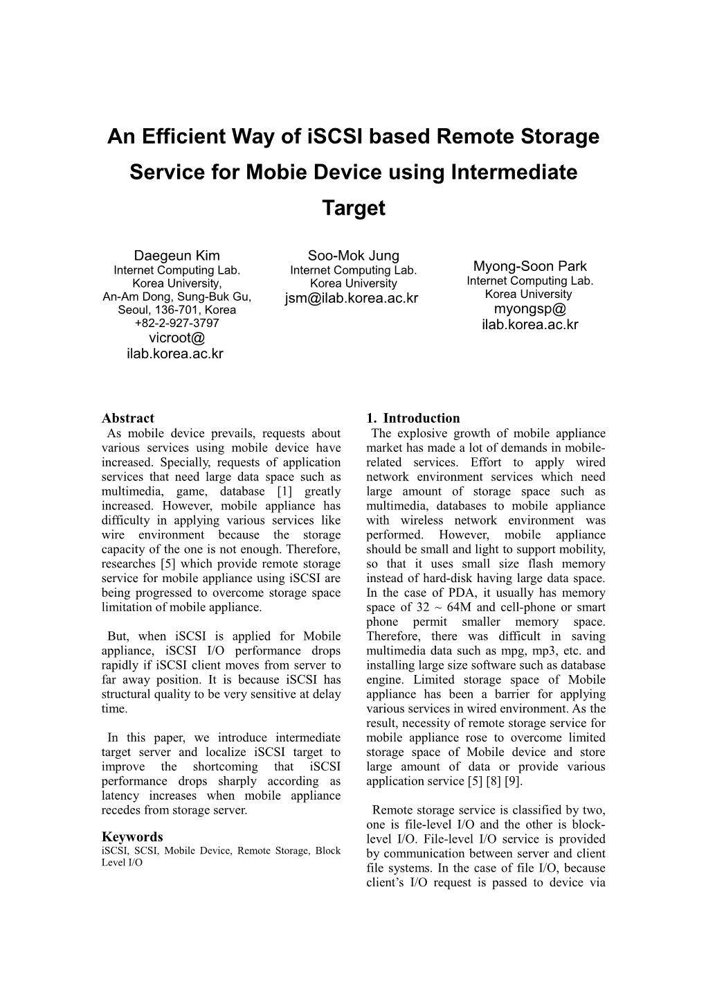 Efficient Way of Iscsi Based Remote Storage Service for Mobie Device Using Intermediate Target