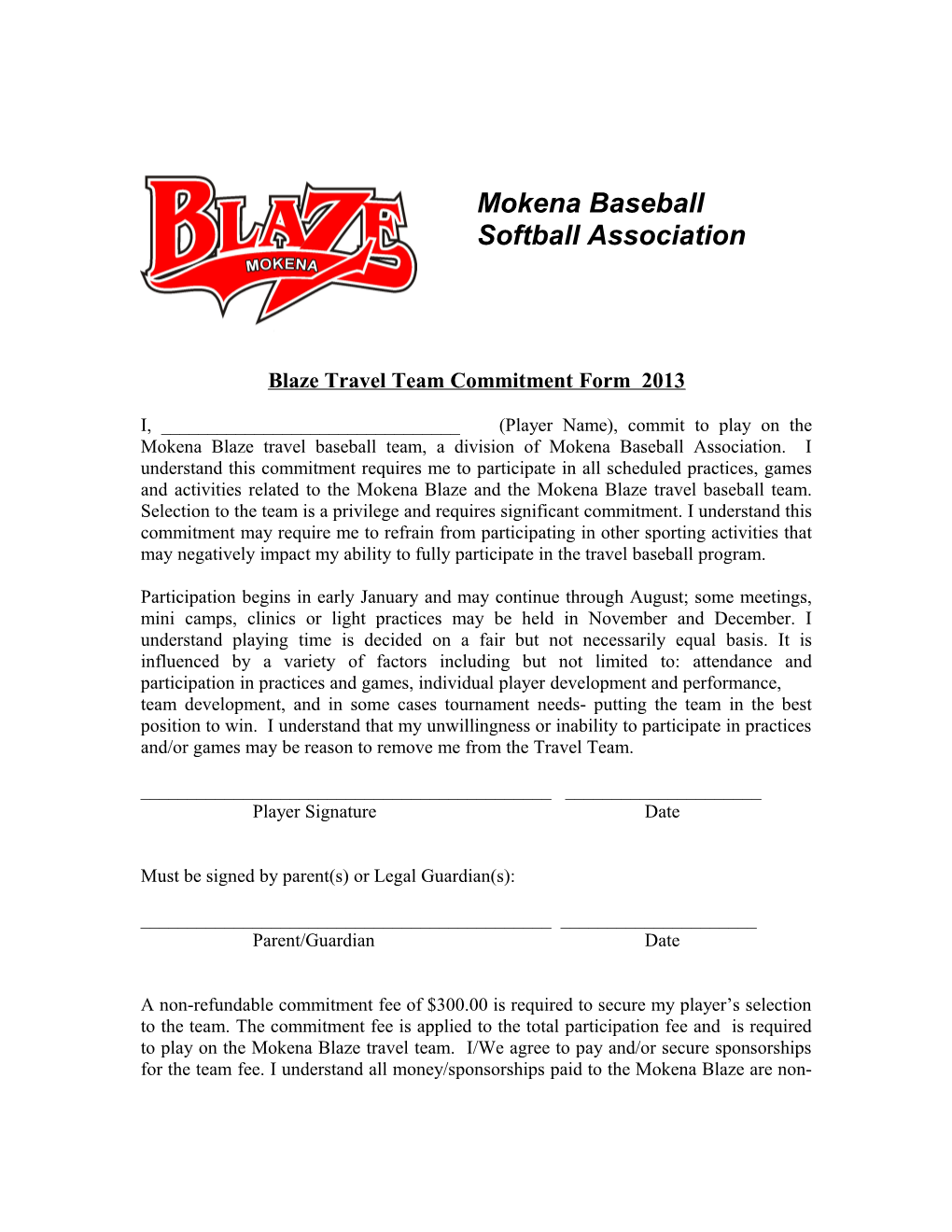 Blaze Travel Team Commitment Form 2013