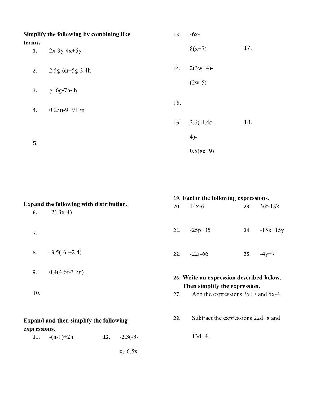 Simplify the Following by Combining Like Terms