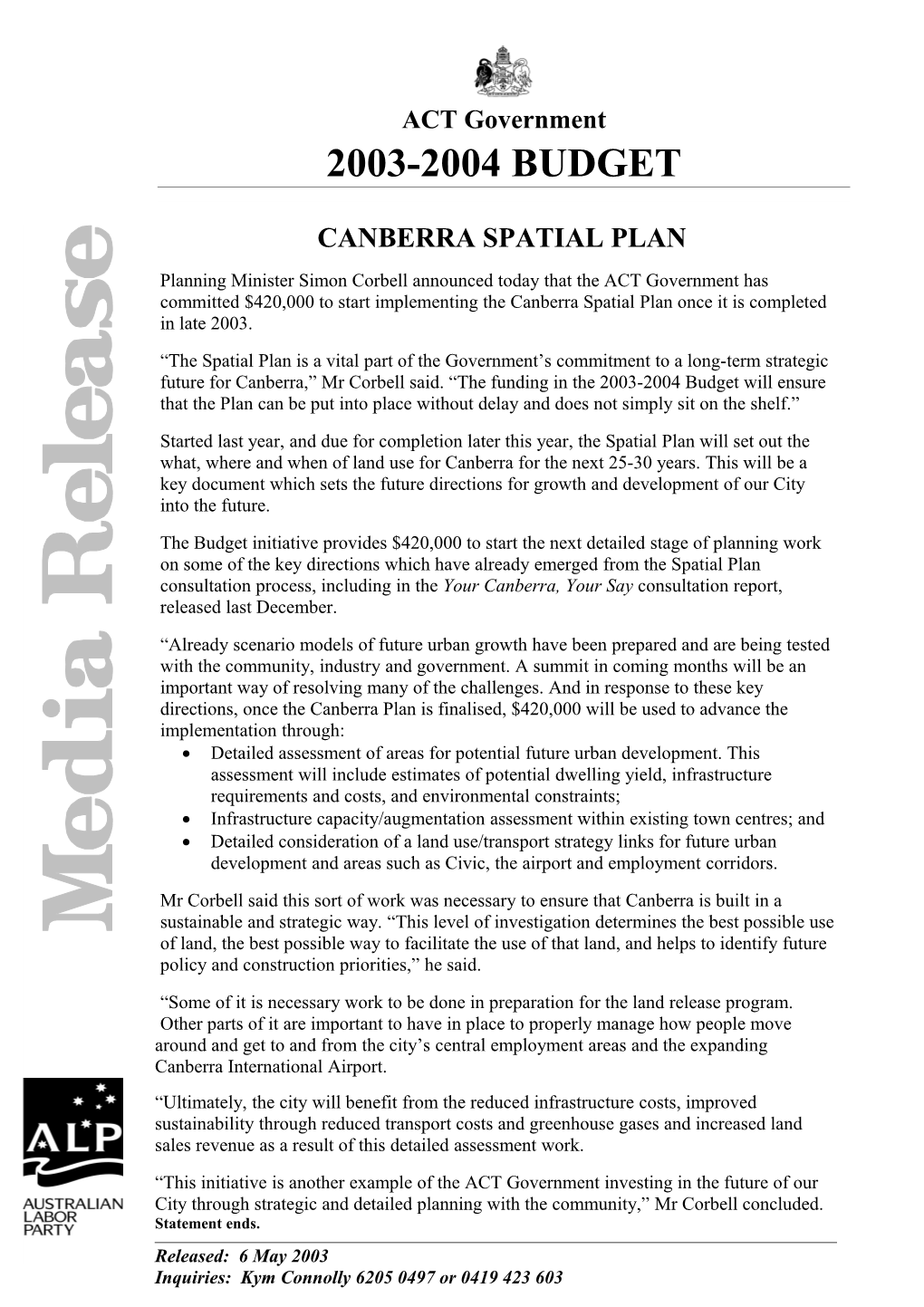 Media Release: CANBERRA SPATIAL PLAN