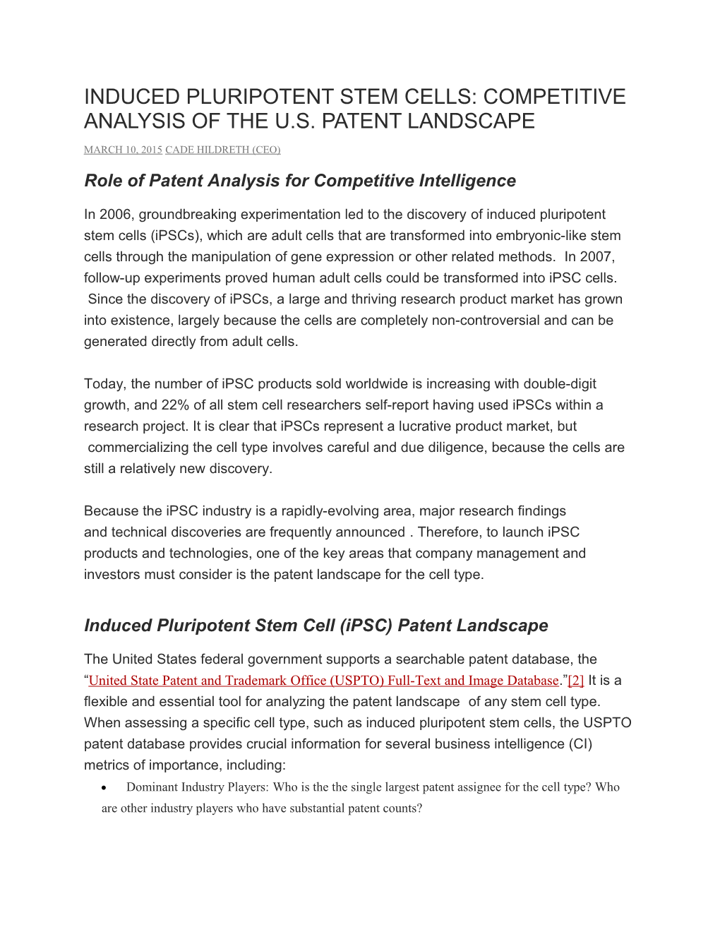 Induced Pluripotent Stem Cells: Competitive Analysis of the U.S. Patent Landscape