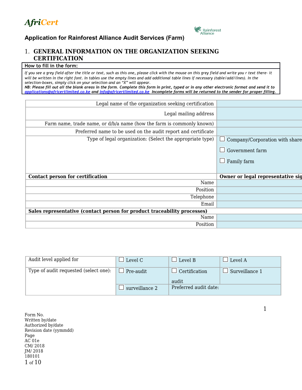 General Information on the Organization Seeking Certification