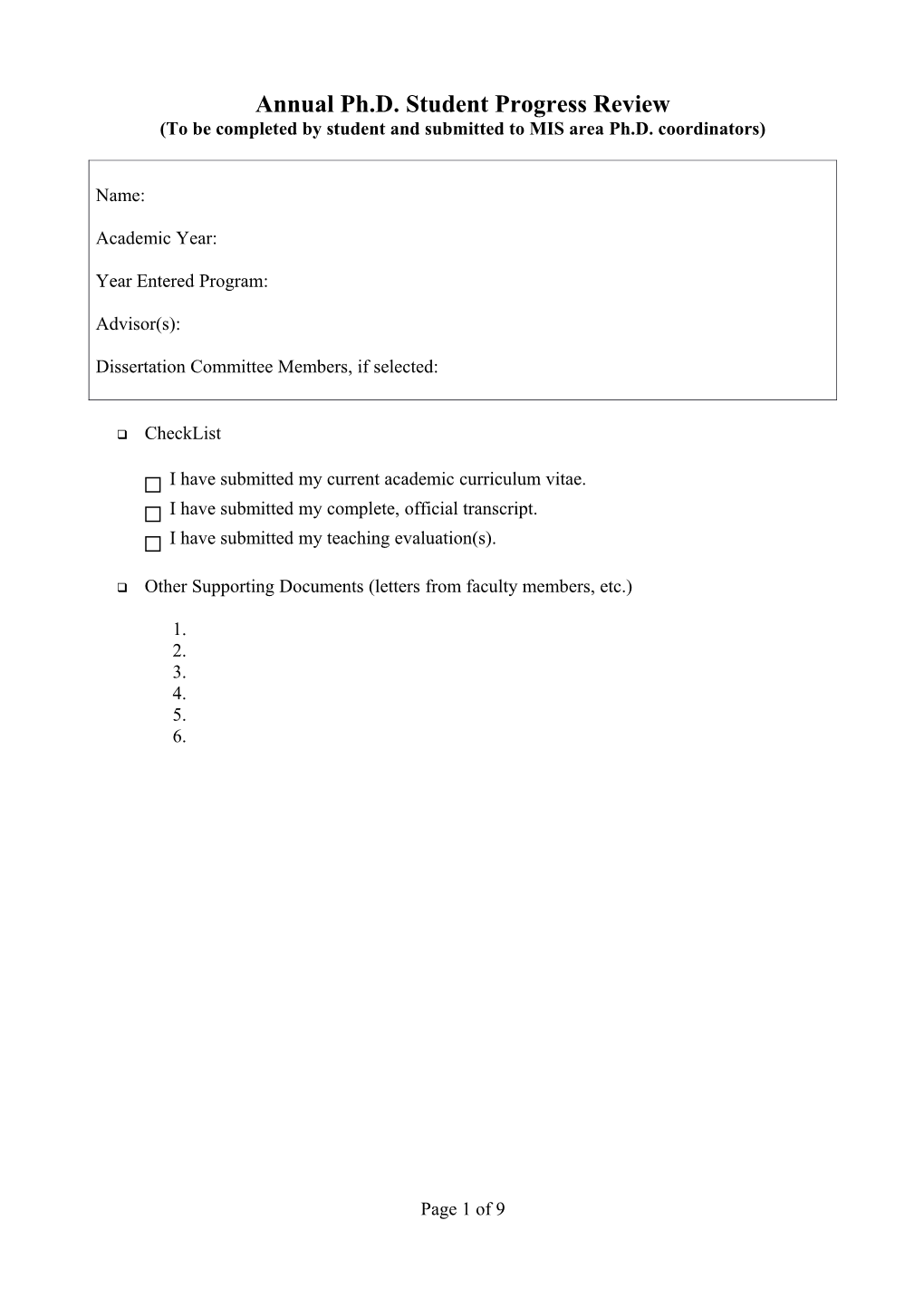 Phd Student Self Evaluation Form