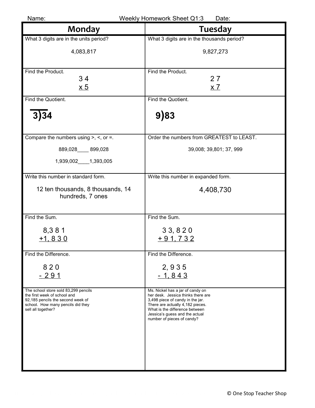 Weekly Homework Sheet s17