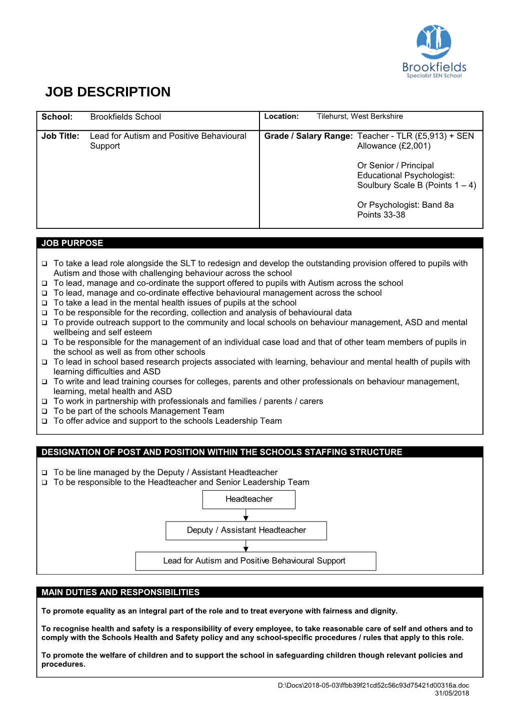 H: OFFICE STAFF Job Descriptions As at 2011 Job Descriptions Head of Autism and Behavioural