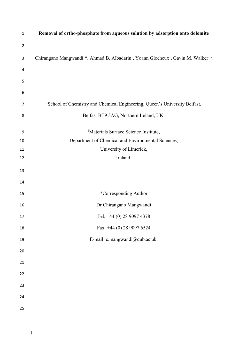 Removal of Ortho-Phosphate from Aqueous Solution by Adsorption Onto Dolomite