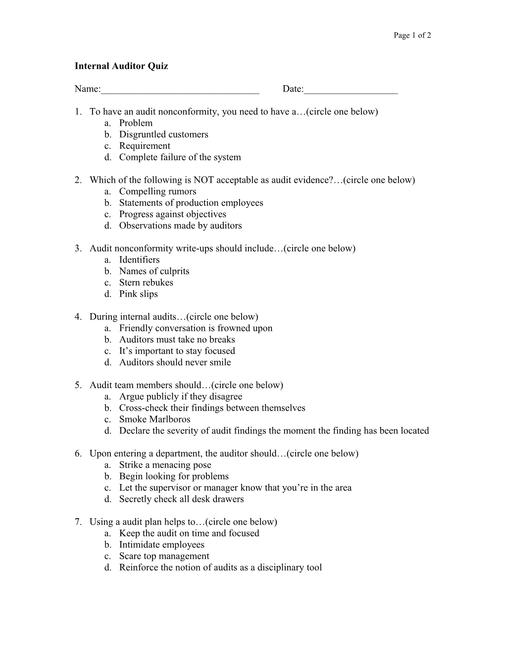 Internal Auditor Quiz