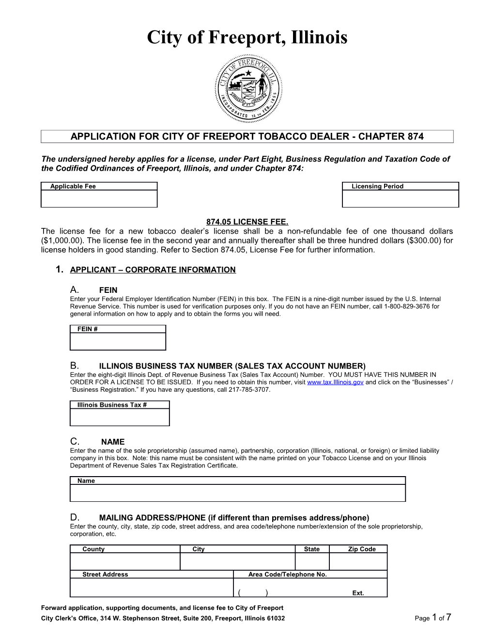 Application for City of Freeport Tobacco Dealer - Chapter 874