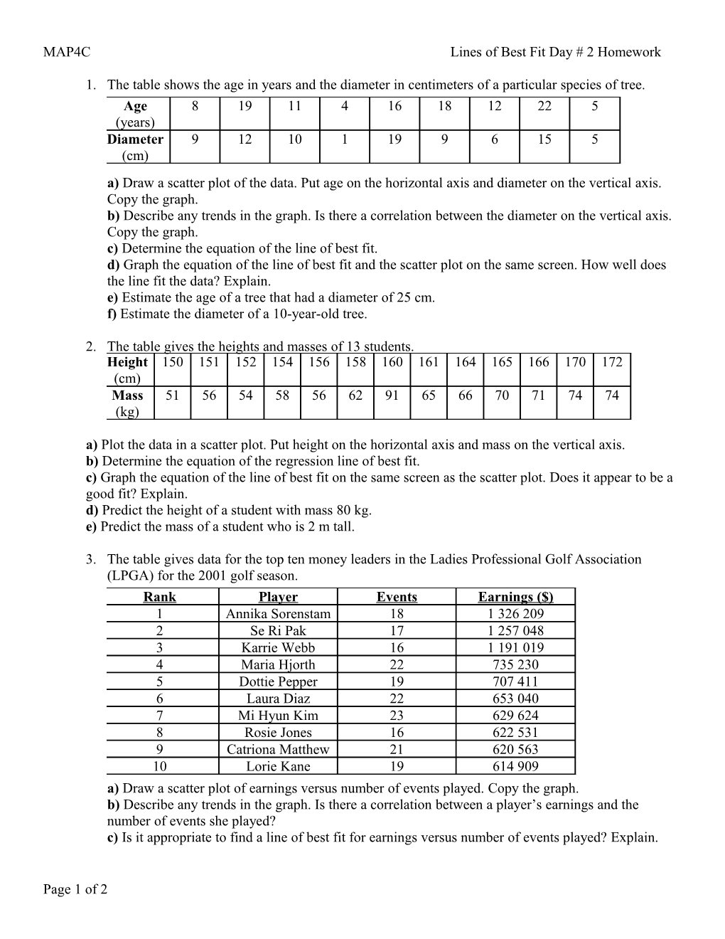 MAP4C Lines of Best Fit Day # 2 Homework